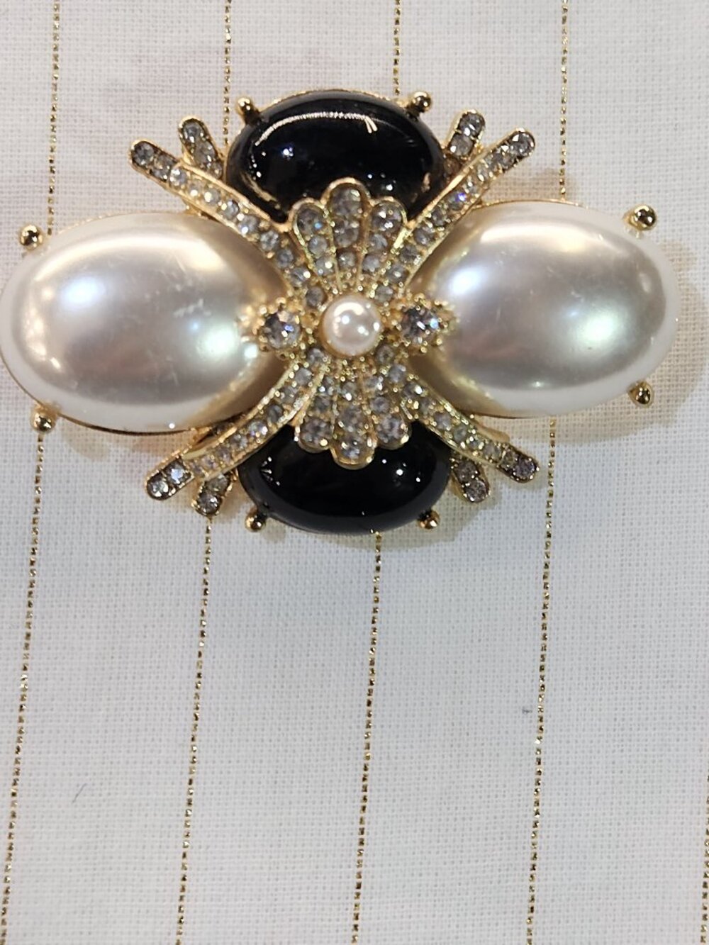 BLACK GOLD & "PEARL" Deco Style BROOCH PIN by Ornaments NEW